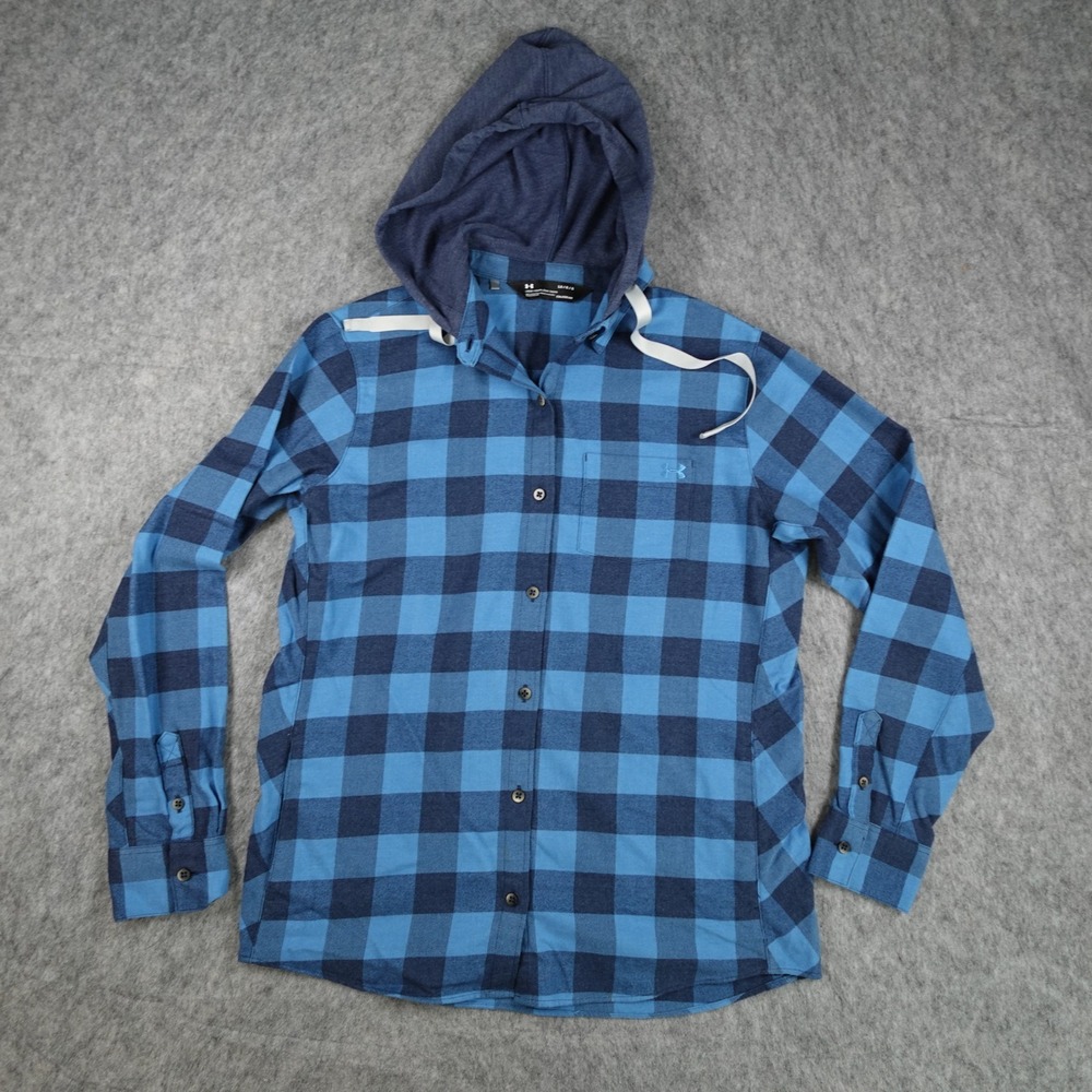 Under Armour Jacket Mens Large Blue Borderland Flannel Swacket Plaid Hood
